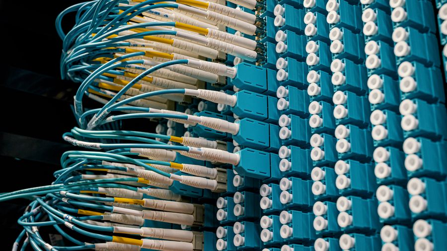 Cordões ópticos conectados a um distribuidor óptico de alta densidade